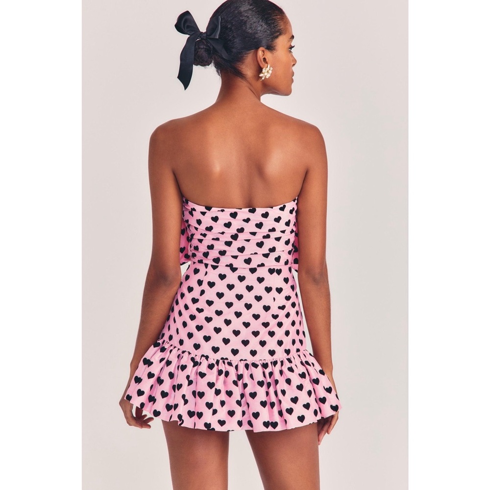 LoveShackFancy Tilson Bow Front Mini Dress in Pink Black Velvet Heart Pattern - Picture 2 of 11